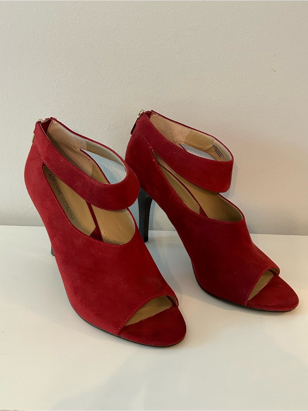 Adrienne Vittadini Red Suede Peep-Toe Ankle-Strap Heels